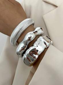 3pcs Vintage Elegant Bohemian Style CCB Resin Geometric Wave Bangle Bracelet Set, Suitable For Women's Daily, Party, Date, Vacation Wear, Stackable, Perfect Gift Choice - Silver 3 - View 3