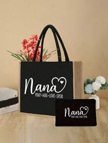 “Nana”图案手提袋套装：轻便购物袋，带迷你零钱包。旅行化妆包：户外化妆的理想之选！送给母亲、老师、朋友的绝佳礼物，便携休闲手提袋，多功能购物袋，全新设计，购物、新年、感恩节的理想礼物。 - 彩色 - 查看 4