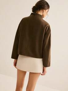 女士休闲羊毛夹克春秋冬季纯色运动拉链双滑块上衣短外套 - 咖啡棕 - 查看 6