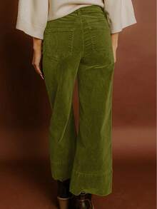 Solid Color High Waist Wide Leg Corduroy Pants - Vineyard Green - 查看 2