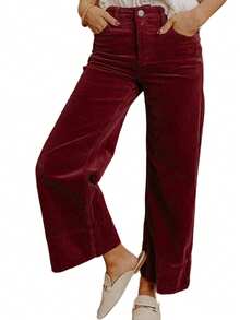 Solid Color High Waist Wide Leg Corduroy Pants - Màu Đỏ Sâu - Xem 8