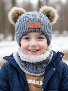 2pcs/Set 1-5Y Double Ball Letter Knit Hat + Plush Scarf 2 Pieces Set, Warm Autumn/Winter Outdoor Knit Hat Set - 2pcs - View 1