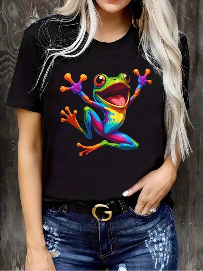 Camiseta Casual de Mujer con Gráfico de Rana Colorida - Mezcla Suave de Poliéster y Spandex, Cuello Redondo Elástico de Manga Corta, Lavable a Máquina y Transpirable para Atuendo Casual de Primavera/Verano, Conjunto de Verano, Moda Divertida, Ajuste Cómodo, Camiseta Impresa, Compradores