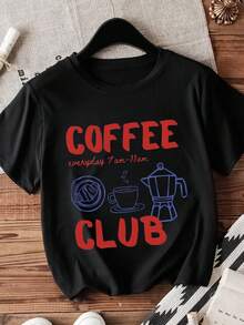 Casual Coffee Letter Print Short Sleeve T-Shirt, Spring/Summer - Black - View 1