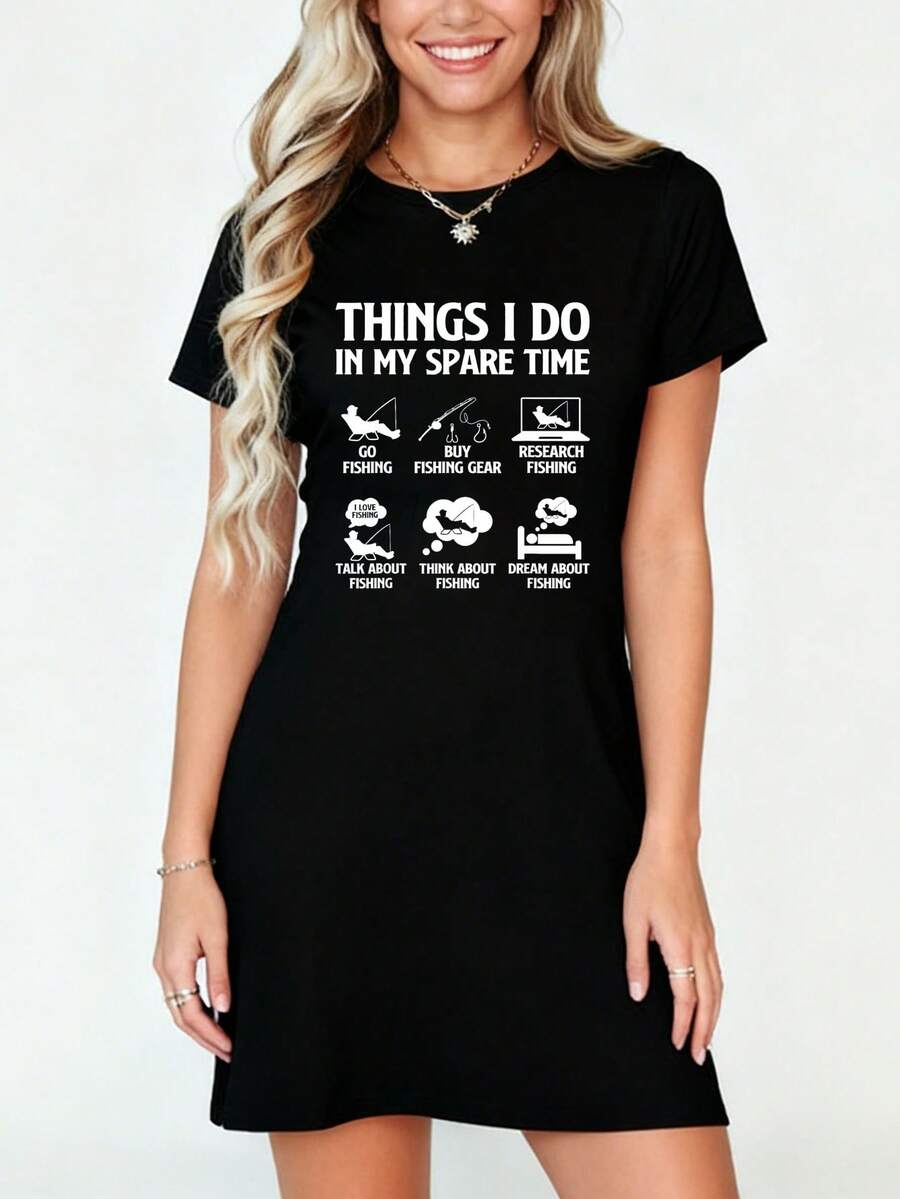 Things I Do In My Spare Time Fishing Men Bass Fishing T-Shirt Dress Women's Dress, Casual Summer Dress - màu đen - Xem 1