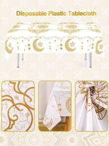 1pc Eid Mubarak Disposable Tablecloth, Gold Star & Mandala Floral Pattern Plastic Tablecloth, Suitable For Eid Home Kitchen Dining Table Decor, Ramadan Decoration, Eid Party Supplies - Multicolor - View 6