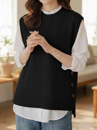 舒适袖口毛衣背心 - 柔软、无袖、纯色针织背心，适合春秋季节穿着，舒适休闲女装，适合日常穿着