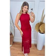 Raabe Long Knit Dress With Lined Detail And Slit - Elegant Women's Fashion, Luxury, For Parties, Christmas, New Year's Eve - 紅色 - 查看 1