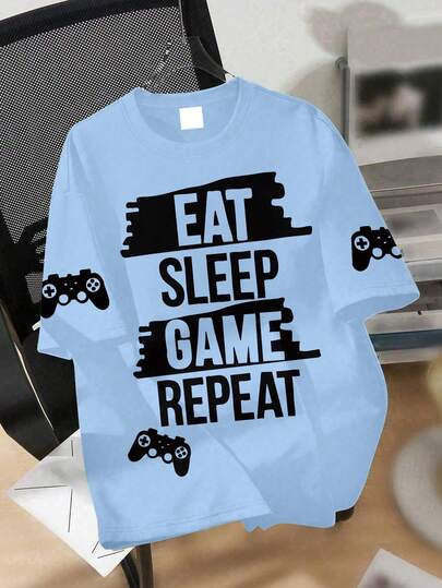 1pc Boys' Game Themed T-Shirt, "Eat, Sleep, Game" Slogan Top, Suitable For School & Everyday Wear, Spring/Summer