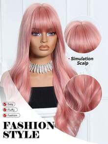 1pc 26 Inch Long Curly Synthetic Wig With Bangs, Pink, Suitable For Women's Daily Wear, Can Be Used For Cosplay, Parties, Gatherings, Festivals, Also Makes A Great Gift For Women - Pink - View 9