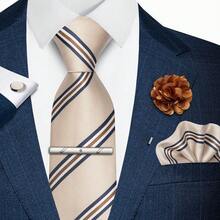 AlanKing 四件套：优雅棕色条纹领带、领带夹、胸针、口袋巾，正式商务婚礼领带装饰，节日礼物 - 混色 - 查看 9