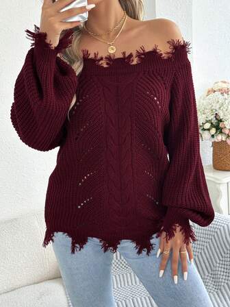 Fashionable Sexy Off-Shoulder Hollow-Out Ripped Knit Long Sleeve Sweater, Autumn/Winter