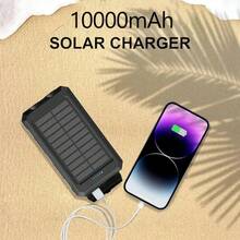 10000mAh Solar Power Bank, With Dual USB Output Ports, Type-C Output/Input For Efficient Charging, Built-In LED Bright Flashlight, Compass And Climbing Buckle, Mobile Phone Accessory For Travel And Camping, Compatible With Most Electronic Products - màu đen - Xem 3