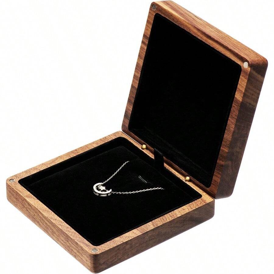 WSXC Walnut Wood Pendant Necklace Box Jewelry Storage Display Case For Wedding Romantic Proposal Engagement Birthday Anniversary Valentine's Day Christmas Black Inner - 黑色內層 - 查看 1