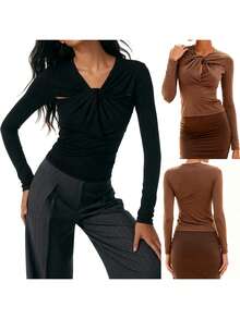 Women's Basic Tops Long Sleeve Solid Color Slim Fit Twist Knot Front Blouse - Black - View 7