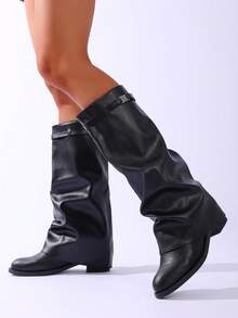 1 Pair Foldover Pleated Boots, Fashion Buckle Flat Comfortable Solid Color Western Style Casual Faux Leather Strap Over-The-Knee Mid-Calf Boots, Suitable For Holidays And Parties, Autumn/Winter - Black - View 3