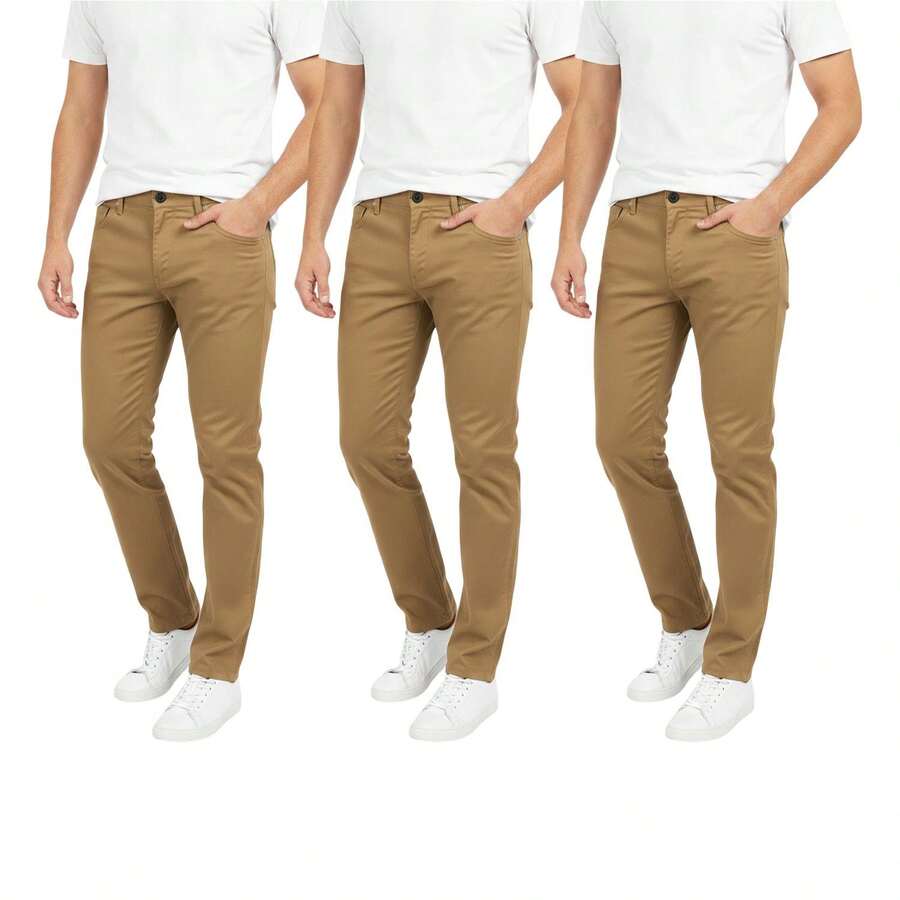 3 Pack Men's Classic-Fit Casual Stretch Cotton Chino Pants - 卡其色/卡其色/卡其色 - 查看 1