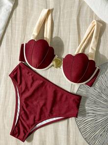 Bikinx Women's Summer Elegant Resort Shell Cups Contrast Binding Fine Edge Steel Ring Swimsuit - Redwood - View 2