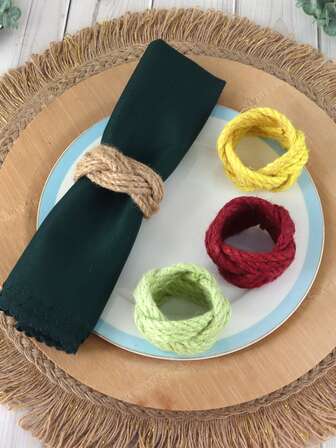 1/4/6/12pcs Bohemian Style Linen Rope Napkin Rings, Suitable For Wedding Party Table Decoration, Countryside Style Napkin Holders, Outdoor Simple Chic Rope Woven Napkin Clips, Birthday Party Napkin Rings, Minimalist Multi-Color Linen Rope Napkin Rings Series