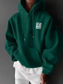 Men's Casual Fashionable Versatile Slogan Print Kangaroo Pocket Drawstring Hoodie, Autumn/Winter - Green - View 2