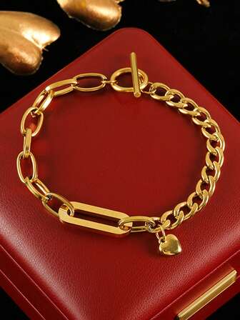 1pc Fashionable 18K Gold Stainless Steel High Protection Color OT Chain Heart Pendant Bracelet, Suitable For Women's Daily Wear, Waterproof Jewelry Accessory, Valentine's Day Gift, USA