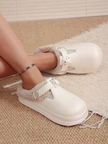 Women's Slip-On Clogs, New Winter EVA Birkenstocks Style Plastic Lightweight Thick Sole Fashion Indoor Furry Slippers With Buckle, Warm Holey Shoes