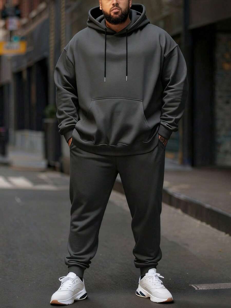 Plus Size Men's Thickened Casual Drawstring Hoodie Sweatsuit - Dark Grey - View 1