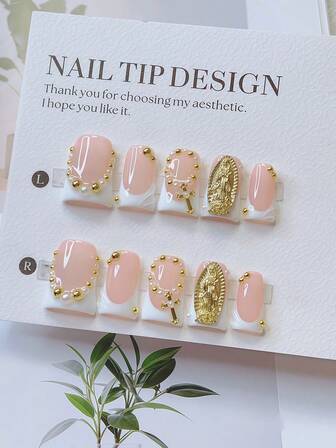 Juego de 10 uñas postizas con diseño de pico de pato estilo Y2K - Hechas a mano, uñas rosas, uñas blancas, uñas con puntas francesas blancas, diseño de gotas de agua 3D dibujadas a mano, uñas con cruz dorada y Aleluya dorada, uñas con joyería dorada brillante - Adecuado para mujeres y niñas, fiestas, bodas, uso diario, arte de uñas DIY, juego de uñas, incluye kit de herramientas. Uñas de pato. Uñas postizas cortas. Uñas acrílicas postizas hechas a mano. Uñas postizas. Suministros para uñas