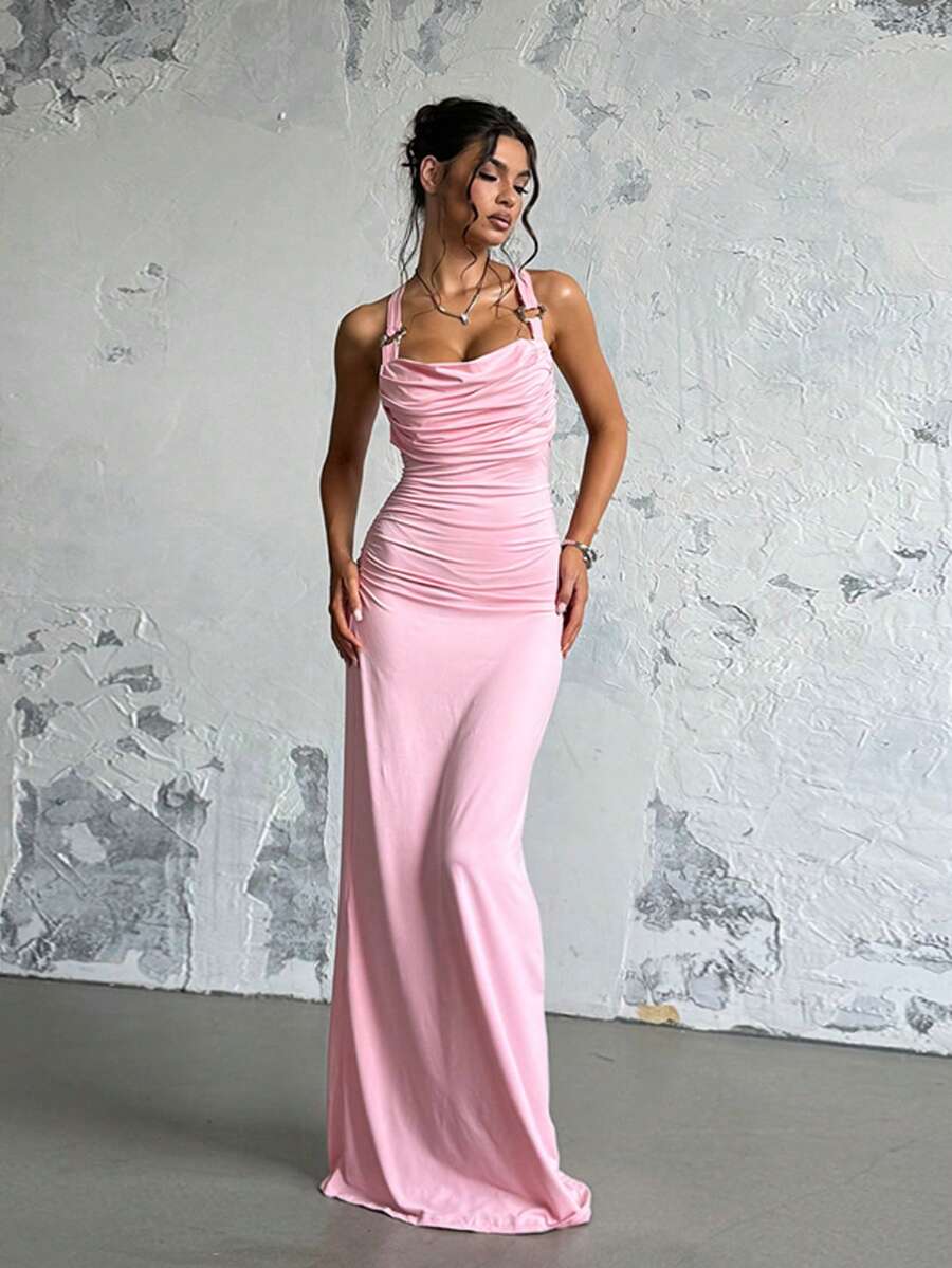 优雅性感派对不对称/不对称水钻开衩口袋领露背吊带连衣裙 - 粉色 - 查看 1