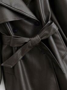 Solid Color Lace-Up Long Leather Windbreaker, Autumn/Winter Spring - Coffee Brown - View 5