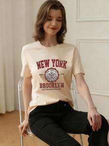 女款圓領短袖基礎 T-shirt，柔軟親膚面料，休閒日常街頭風百搭上衣，夏季款 - 杏色 - 查看 2