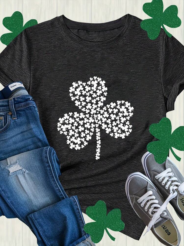 St. Patrick's Day Clover Print Fashion Women's Casual Color Cotton Short Sleeve Top - Dark Grey - View 7