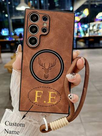 [Personalizado] Funda de teléfono con patrón de cabeza de ciervo y letra de nombre personalizada para carga inalámbrica, compatible con Samsung Galaxy S24 S23 S22 Ultra S24 Plus, funda protectora a prueba de golpes