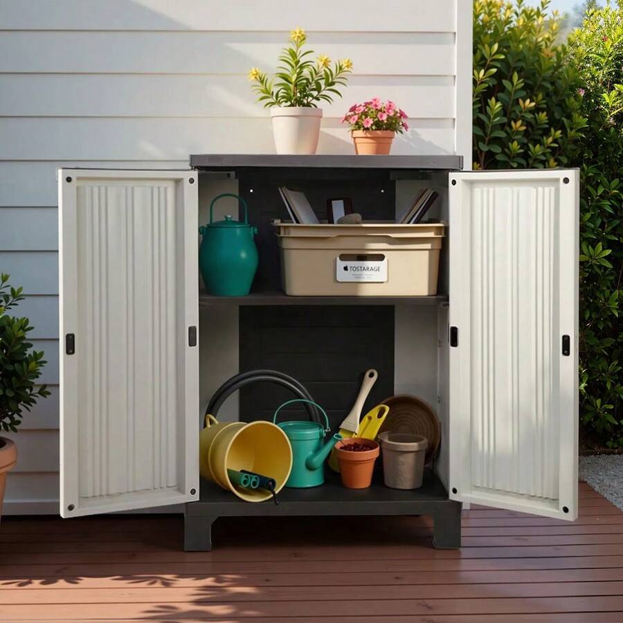 Gardeon Outdoor Storage Cabinet Box 92cm Lockable Cupboard Sheds Garage Adjustable Beige - Beige - View 1