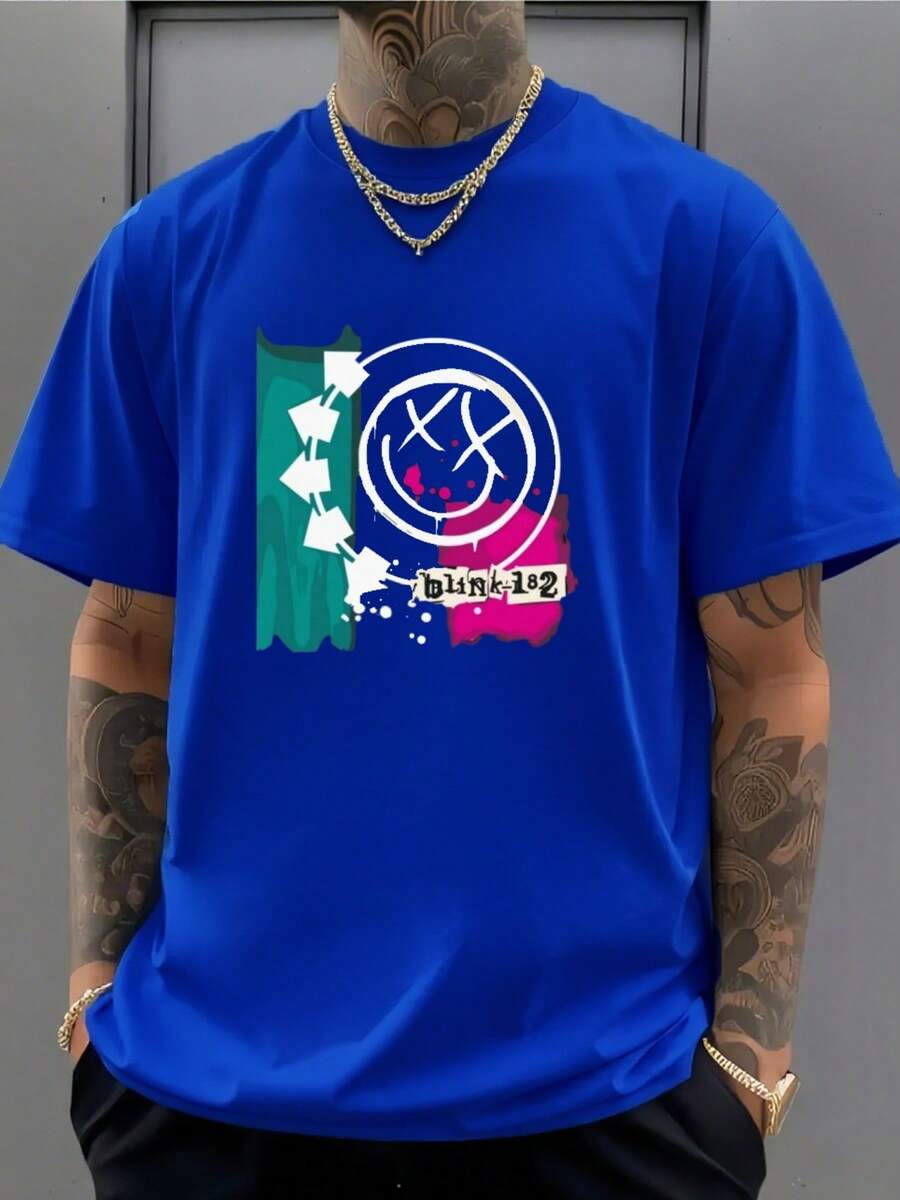 Blink182 Band Tee Shirt Men's Graphic , Men's 220gsm New Summer Casual Crew Neck Pure Cotton Short-Sleeved T-Shirt(1 PC) - Màu xanh lam - Xem 1