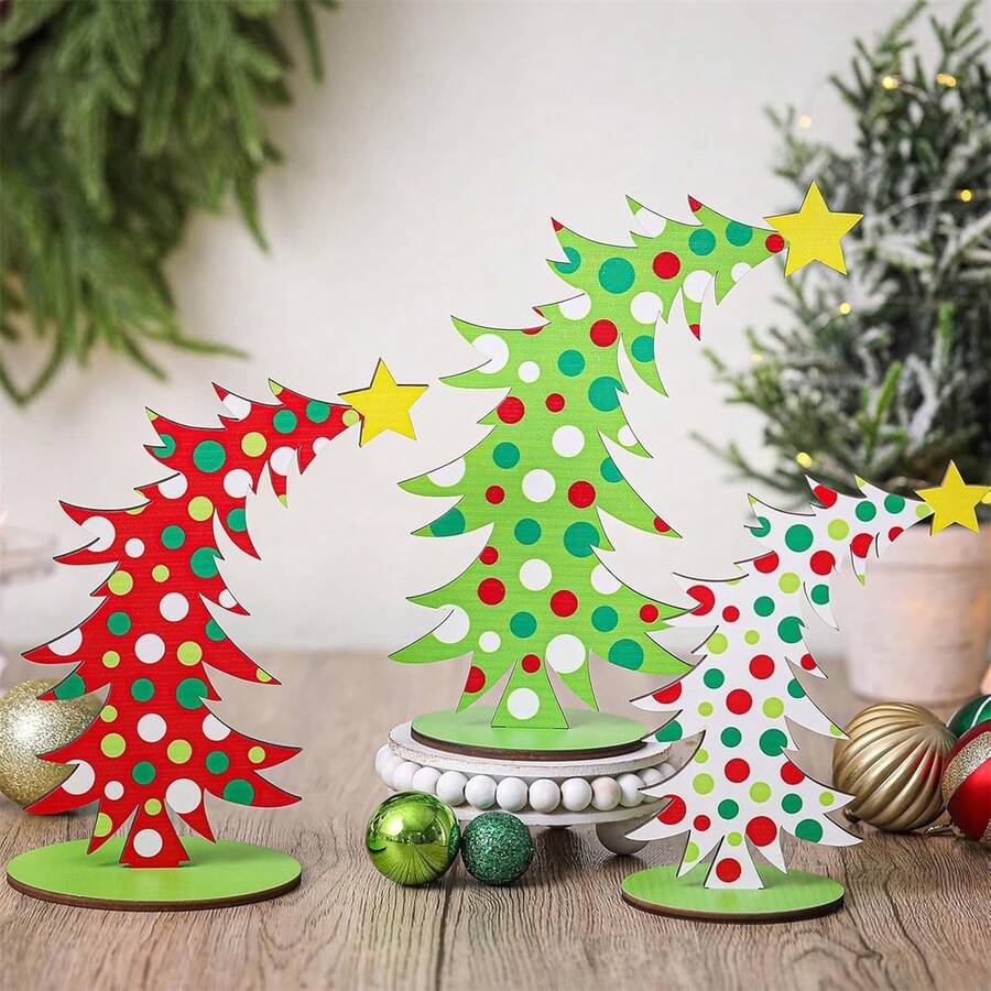 3 adornos de madera para árbol de Navidad con diseño festivo de estrellas y puntos, decoración colgante para mesa de fiesta en casa. - Verde - Ver 1