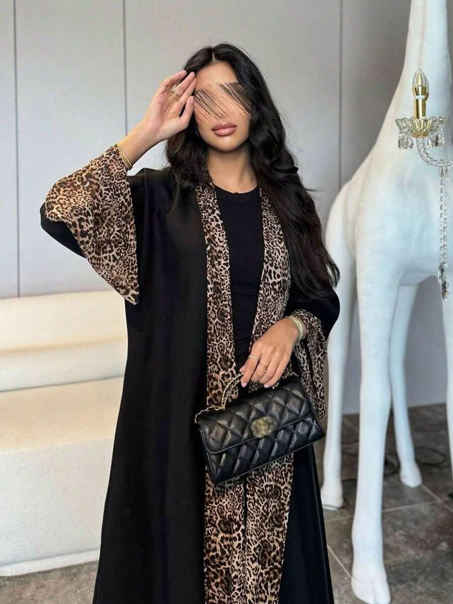 Hafizah مجموعة روب وطرحة نسائية بطبعة نمر بقطع ملونة، أسود، للربيع