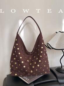 low tea 1个低茶色纯色绒面革单肩包，女士复古新月形单肩包，顶部单提手设计，按扣闭合，适合旅行、购物、约会、女士礼物，也适合通勤、户外活动、旅行、徒步。 - 咖啡 - 查看 2