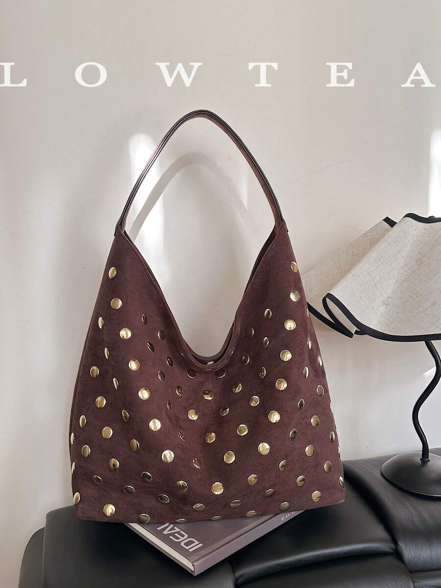 low tea 1个低茶色纯色绒面革单肩包，女士复古新月形单肩包，顶部单提手设计，按扣闭合，适合旅行、购物、约会、女士礼物，也适合通勤、户外活动、旅行、徒步。