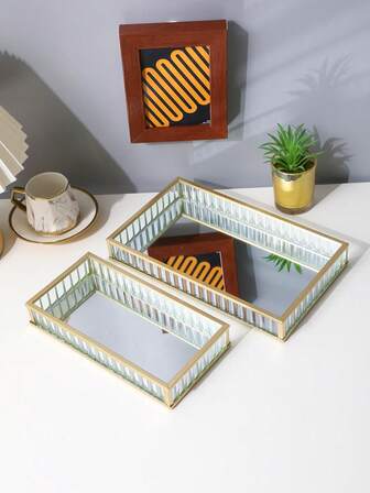1 Set Of 2 Vertical Striped Glass Trays, Ins Style Mirror Tray Set, Luxury Gold Edged Jewelry Storage Tray, Bathroom Organizer Tray, Vanity Makeup Tray, Home Decor Storage Tray