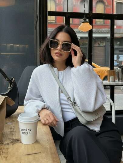 Damen Graue Kurze Woll-Blend Rundhalsausschnitt Puff Ärmel Bluse, Lässig Minimalistischer Stil, Geeignet für Pendeln und gesellige Anlässe Damen Bomberjacke, Neujahrsjacke/Valentinstag Oberbekleidung