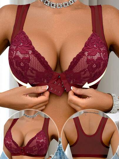 1pc Women's Casual Solid Color Lace Patchwork Front Closure Bra, Comfortable Minimalist Sports Bra