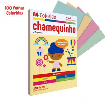 Pacote Papel Chamequinho Sulfite A4 75g/m² Colorido 100 Folhas - Chamex