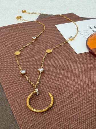 1 pieza Collar de cadena de clavícula clásica con diseño elegante de media luna con micro-incrustación de circonita