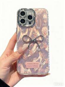 1 pieza Elegante funda de teléfono con lazo metálico 3D floral rojo - Recorte preciso para cámara, funda protectora suave compatible con Apple 7/8 Plus/X/XR/XS Max/11/12/13/14/15 Plus/16 Pro Max/17 Pro Max - Rosa - Ver 2