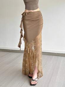 Chân váy nữ YeonC phong cách lãng mạn Pháp, co giãn tốt, thanh lịch, điểm nhấn là chi tiết ren xuyên thấu, được làm từ polyester, hoàn hảo cho các bữa tiệc và kỳ nghỉ. - màu nâu - Xem 1