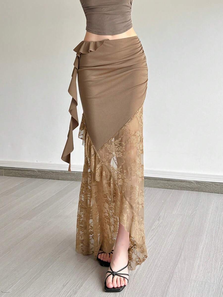 Chân váy nữ YeonC phong cách lãng mạn Pháp, co giãn tốt, thanh lịch, điểm nhấn là chi tiết ren xuyên thấu, được làm từ polyester, hoàn hảo cho các bữa tiệc và kỳ nghỉ. - màu nâu - Xem 1
