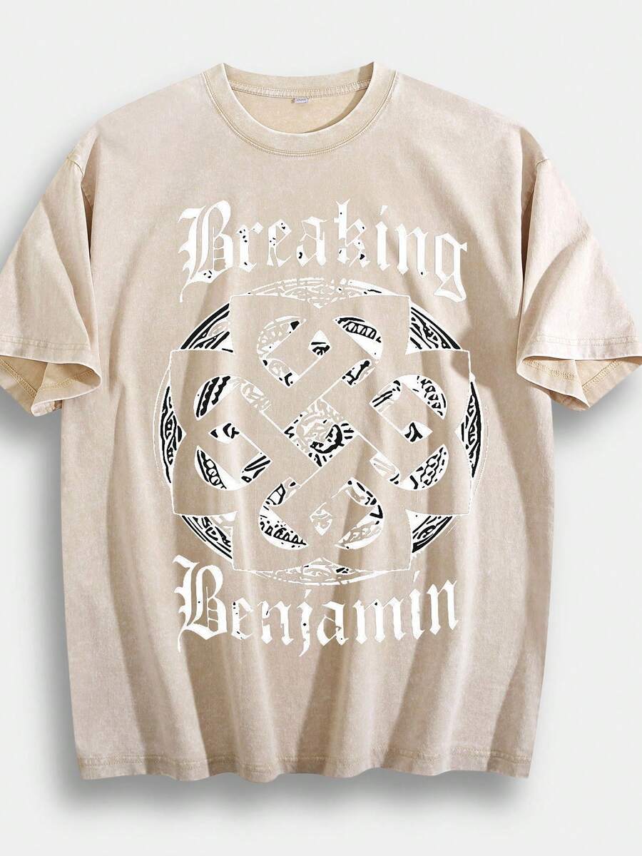 Washed T-Shirt Men'S Retro Breaking Benjamin Band Graphic Tee, Bold White Gothic Breaking Benjamin Text With Intricate Celtic Knot Design In Circular Pattern On Vibrant Pink Background, Vintage Rock Aesthetic With 2000S Alternative Metal Vibes, - Màu be - Xem 1