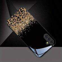 High-End Glass Phone Case With Black And Gold Leopard Print Glitter Pattern, Compatible With IPhone 17, 16, 15, 14, 13, 12, 11 Pro Max, Compatible With S25, S24, S23, S22, S21, S20, And A-Series Models. Perfect Christmas Gift For Women. - màu đen - Xem 4