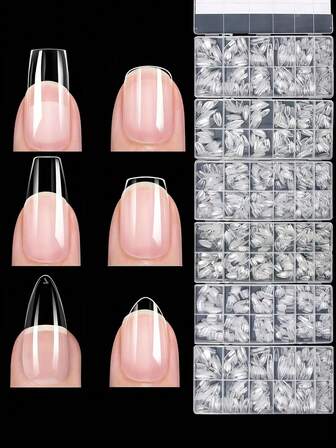 600片短杏仁形美甲贴片，半哑光全覆盖透明假指甲，预成型按压式假指甲贴片，亚克力软甲凝胶贴片，无C型弧延长美甲，家用DIY凝胶贴片
